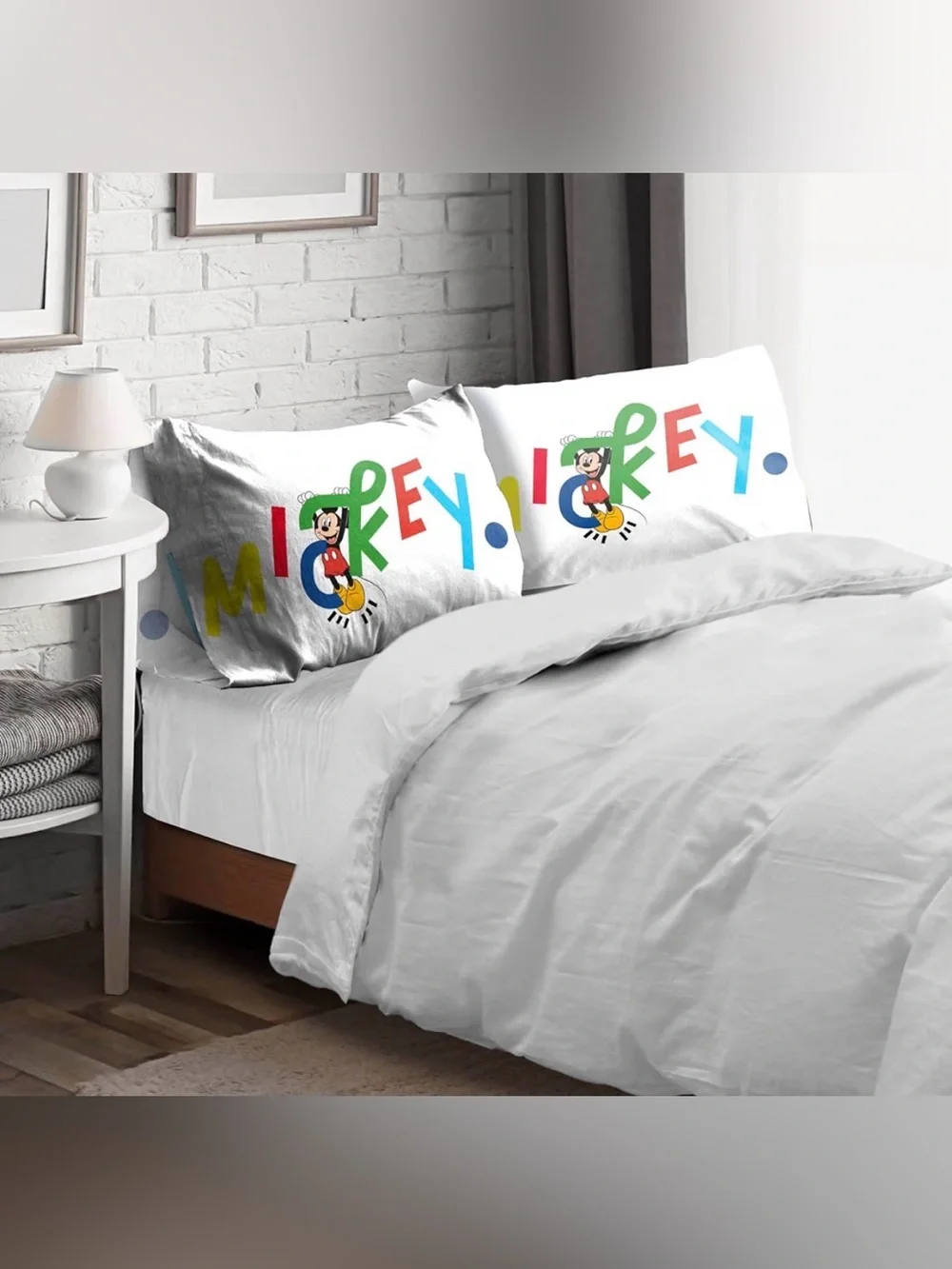 Disney White Pillowcase Pair with Multicolor Letters and Mickey Graphic